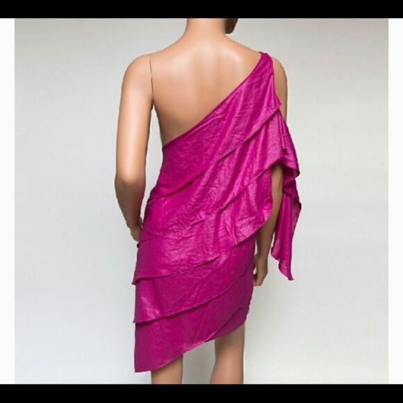 BCBGMAXAZRIA PINK FLAIR ONE SHOULDER TIERED DRESS… S - Picture 3 of 5